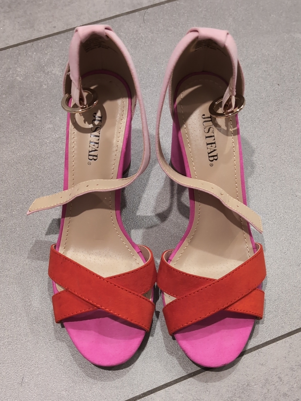 JustFab 👠Gorgeous Pink And Red Cross-Strap Ankle-Heel Faux Suede Sandals